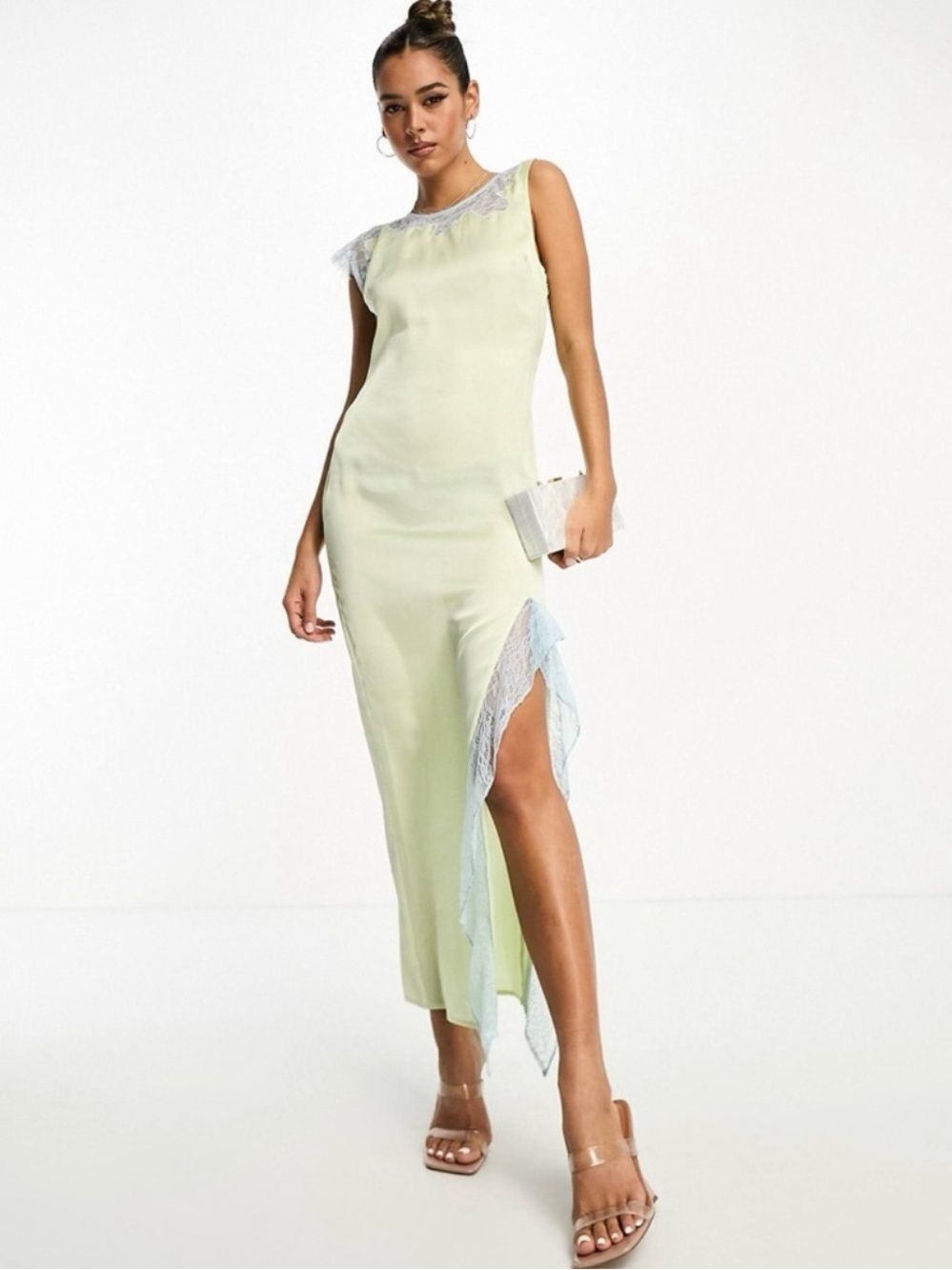 ASOS Design Satin Pale Lime Slip Dress with Blue Lace Trim Size 6 Never Worn